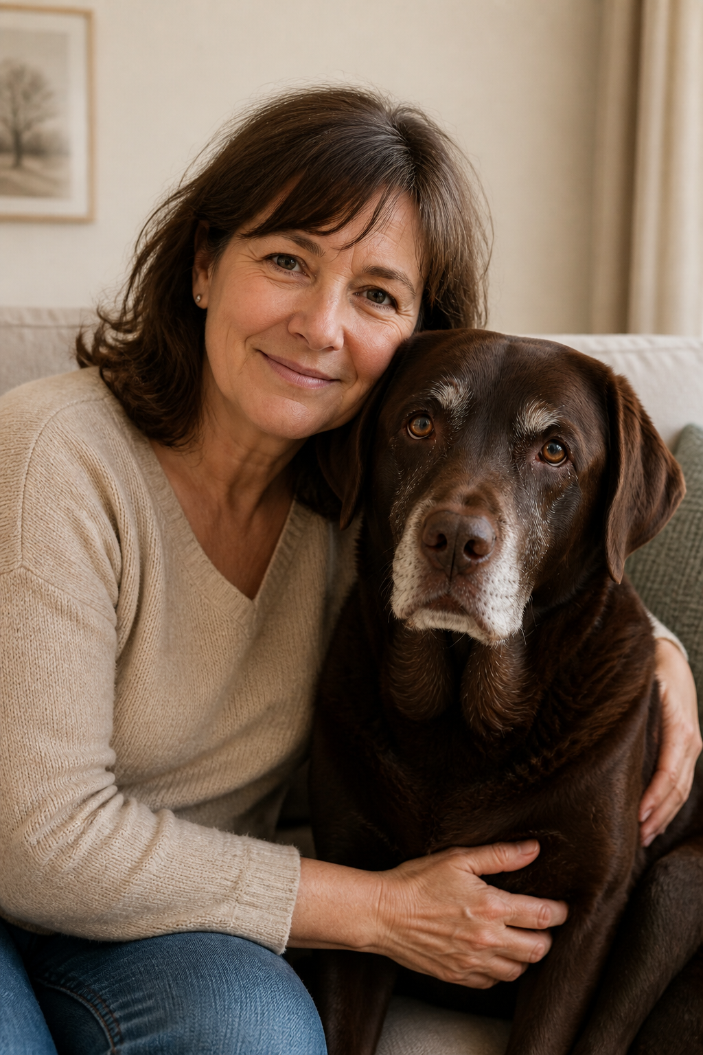 Monika sitzt eng neben der älteren schokofarbenen Labradorhündin Frau Ella auf einem Sofa in ihrer Wohnung